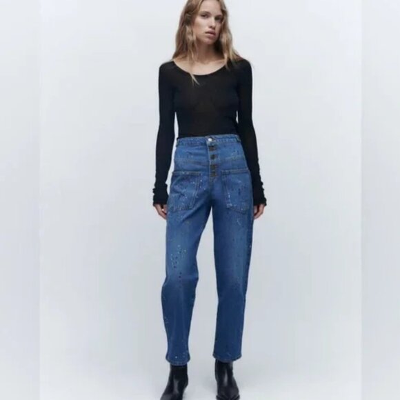 Zara High Rise Cropped Painter Denim Jeans - Picture 2 of 8